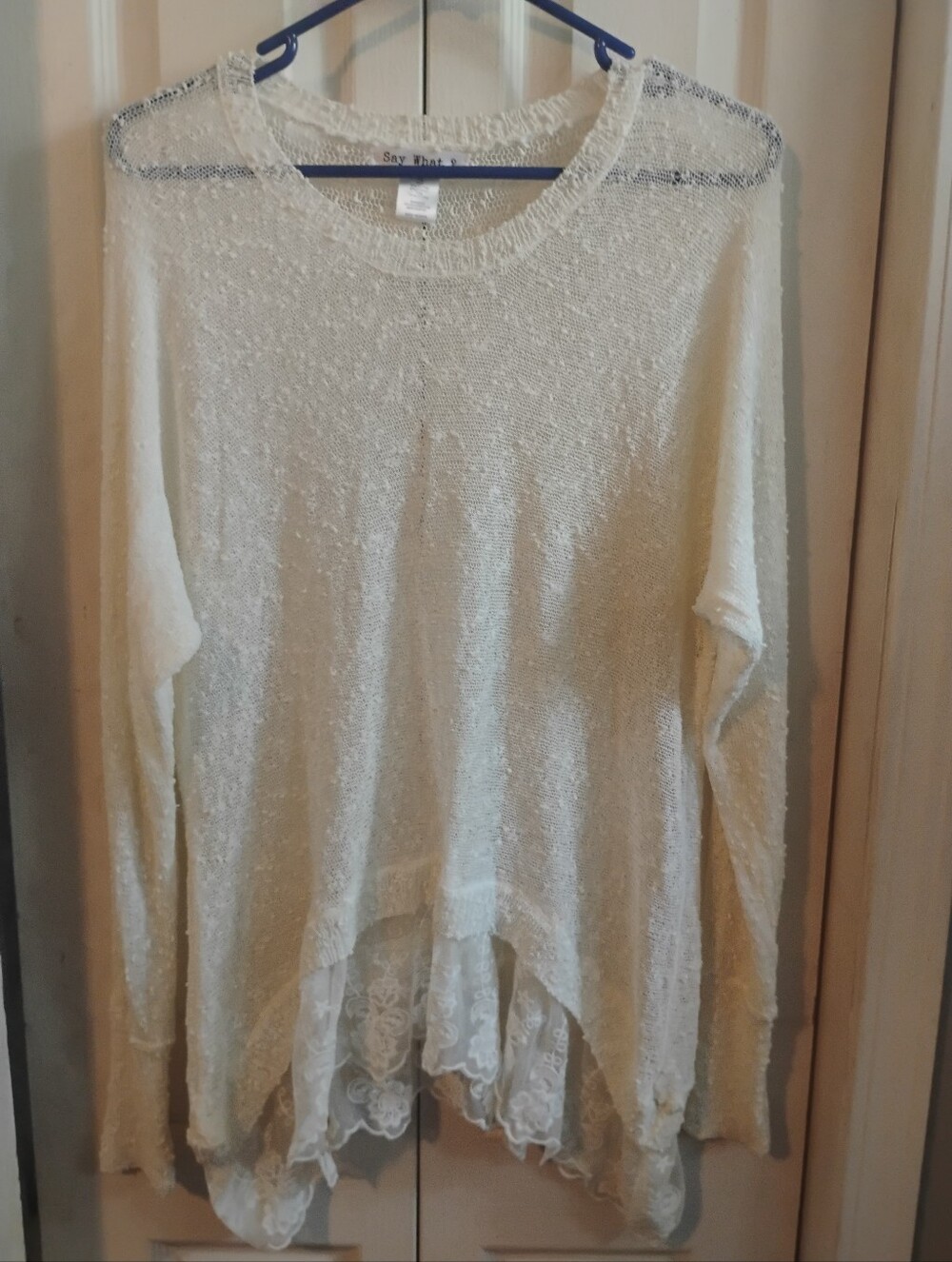 Say What? Women’s White Lightweight Knit Sweater with Lace Hem High Low Boho - Picture 10 of 10